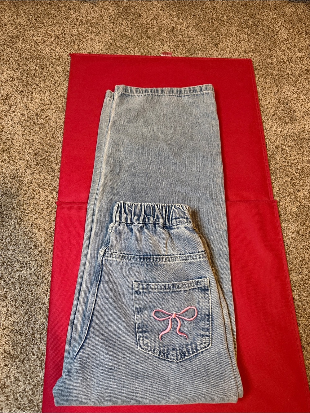 Kids Light Blue Denim Jogger Bottoms with Pink Bow Embroidery